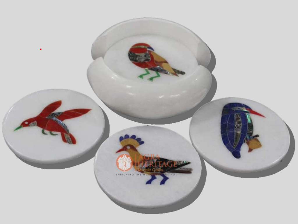 Marble Inlay Coaster Set Bird Marquetry Design